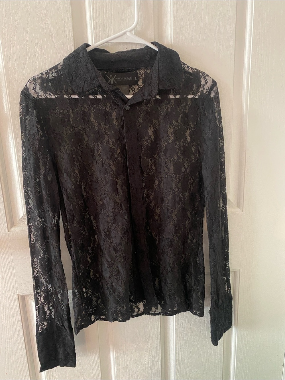 Kardashian Kollection Black Sheer Lace Button-Down Blouse